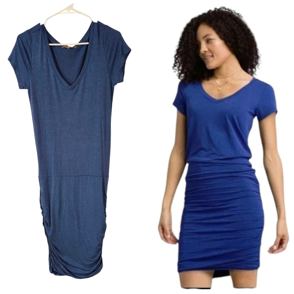 Prana Foundation Short Sleeve Vneck Rouched Side Mini Knit Dress